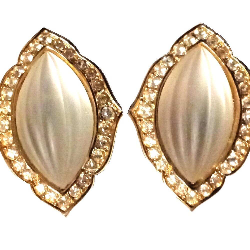 VENDOME Signed Vintage Frosted Silk Glass Earrings Gold Tone Marquise Rhinestone